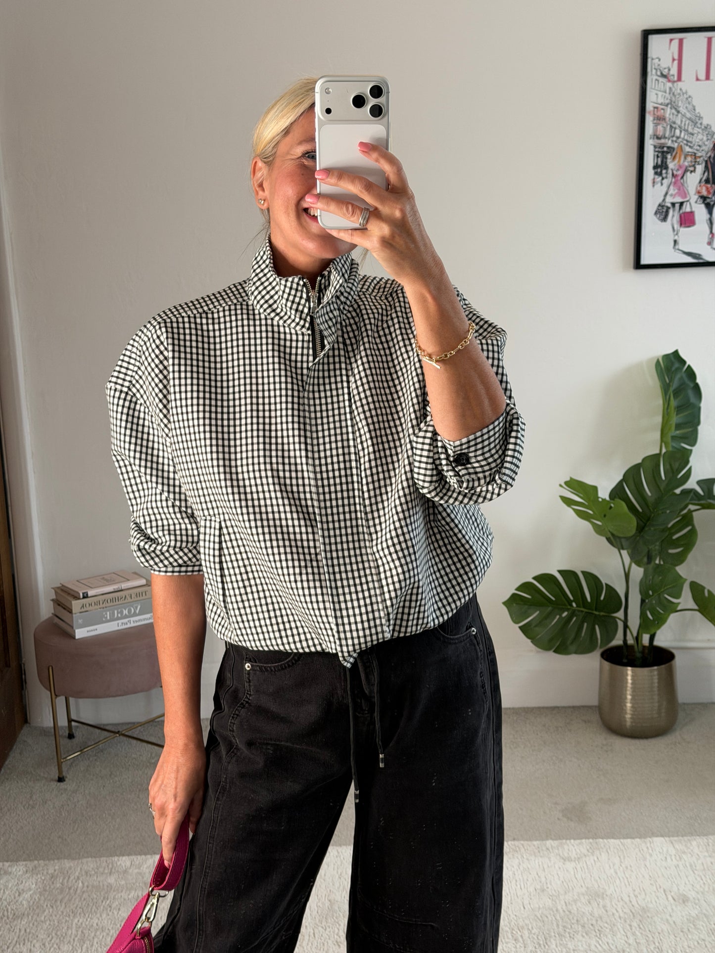 Black Check Funnel Neck Jacket