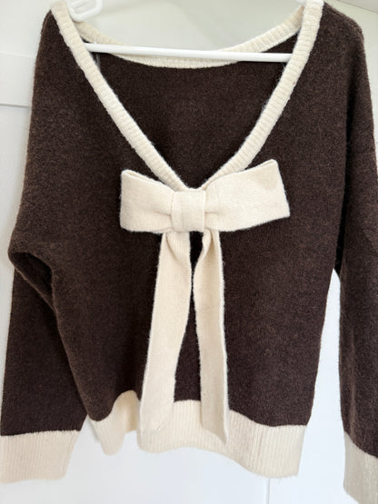 Chocolate/Cream Contrast Bow Back Jumper