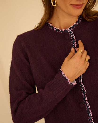 Plum/Pink Floral Frill Trim Cardigan