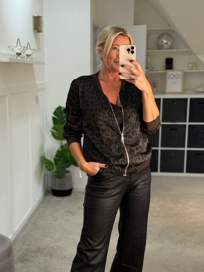 Dark Chocolate Leopard Silk Mix Bomber Jacket