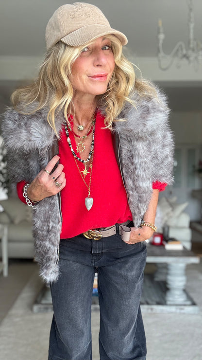 Lila Grey Leopard Faux Fur Jacket