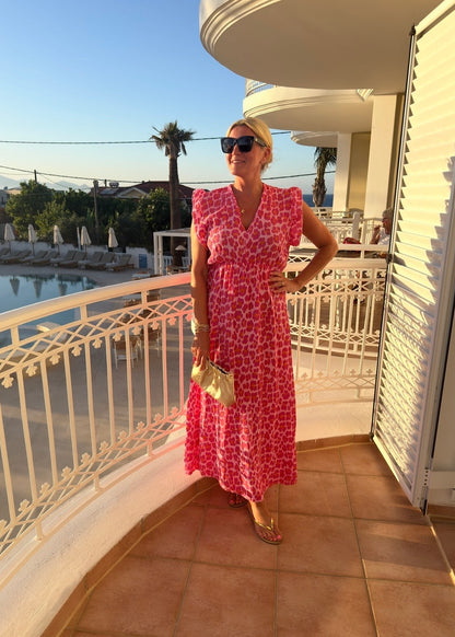 Cream Leopard Print Frill Sleeve Maxi Dress
