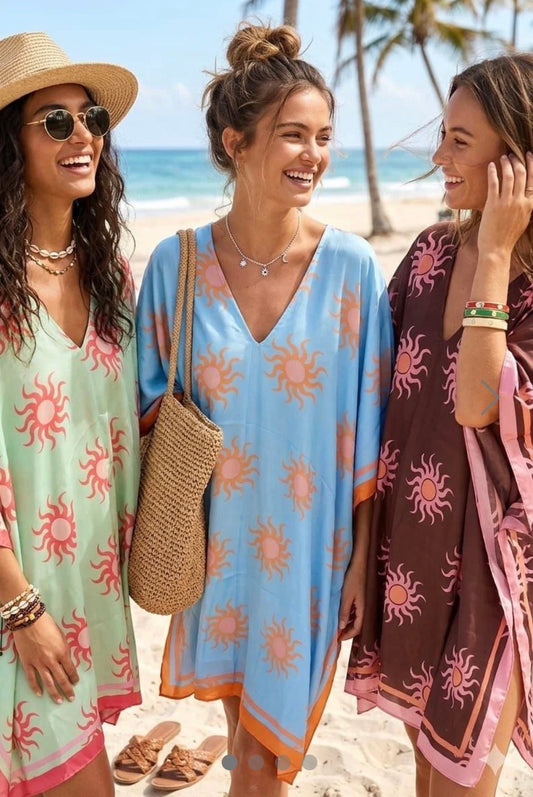 Mint/Pink Sun Print Floaty Kaftan Dress