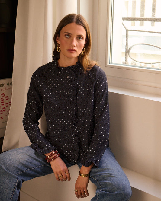 Navy Polka Dot Frill Shacket
