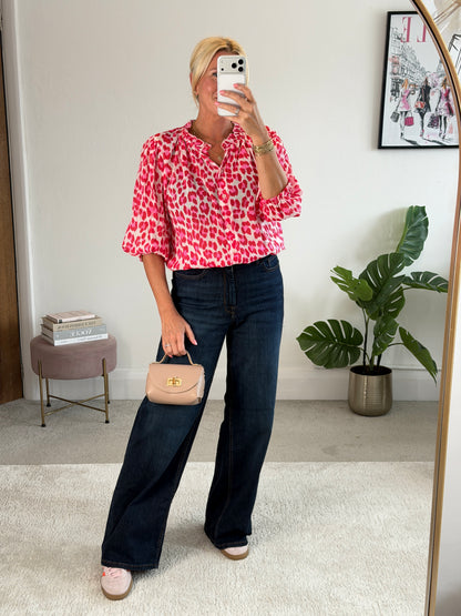 Pink Leopard 3/4 Puff Sleeve Blouse
