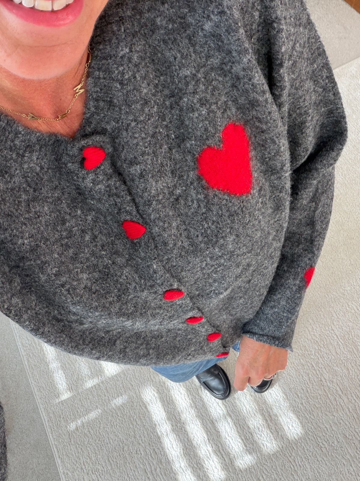 Grey/Red ❤️ Heart Button Cardigan