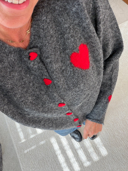 Grey/Red ❤️ Heart Button Cardigan