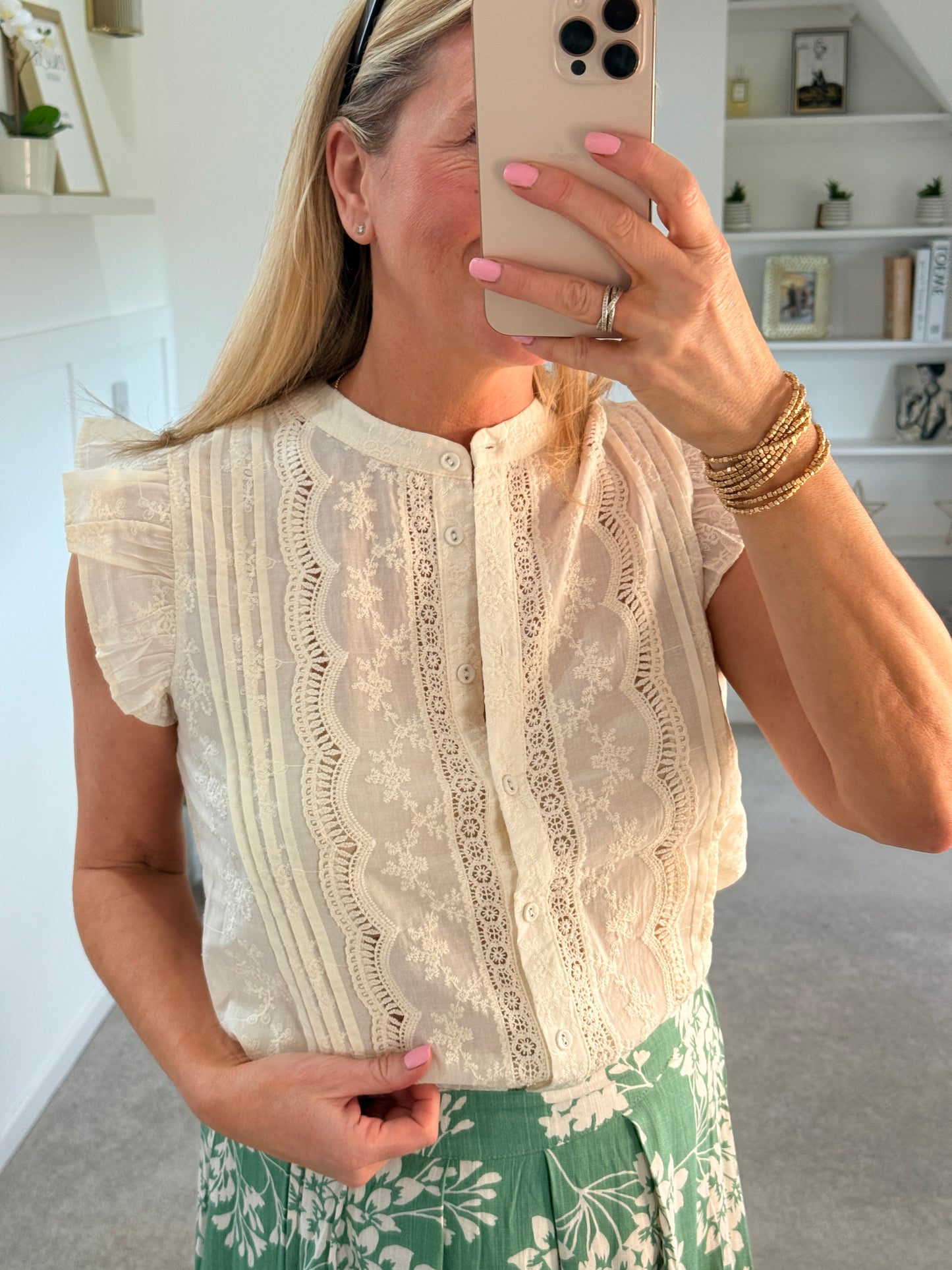 Oatmeal Frill Sleeve Lace Embroidered Blouse