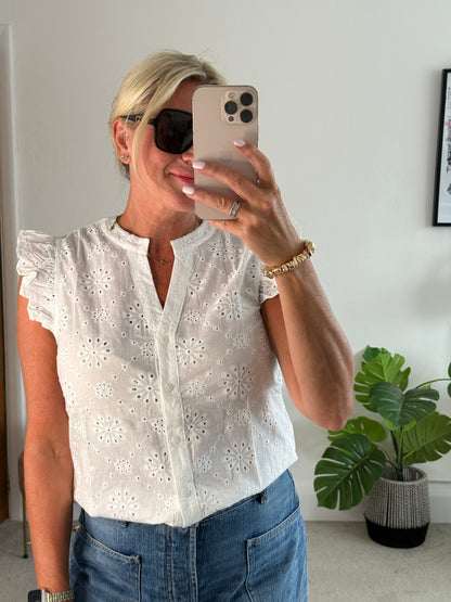 White Floral Broderie Anglaise Blouse