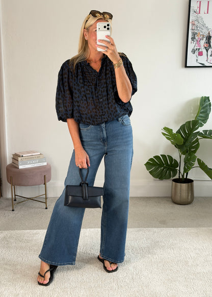 Navy Leopard 3/4 Puff Sleeve Blouse