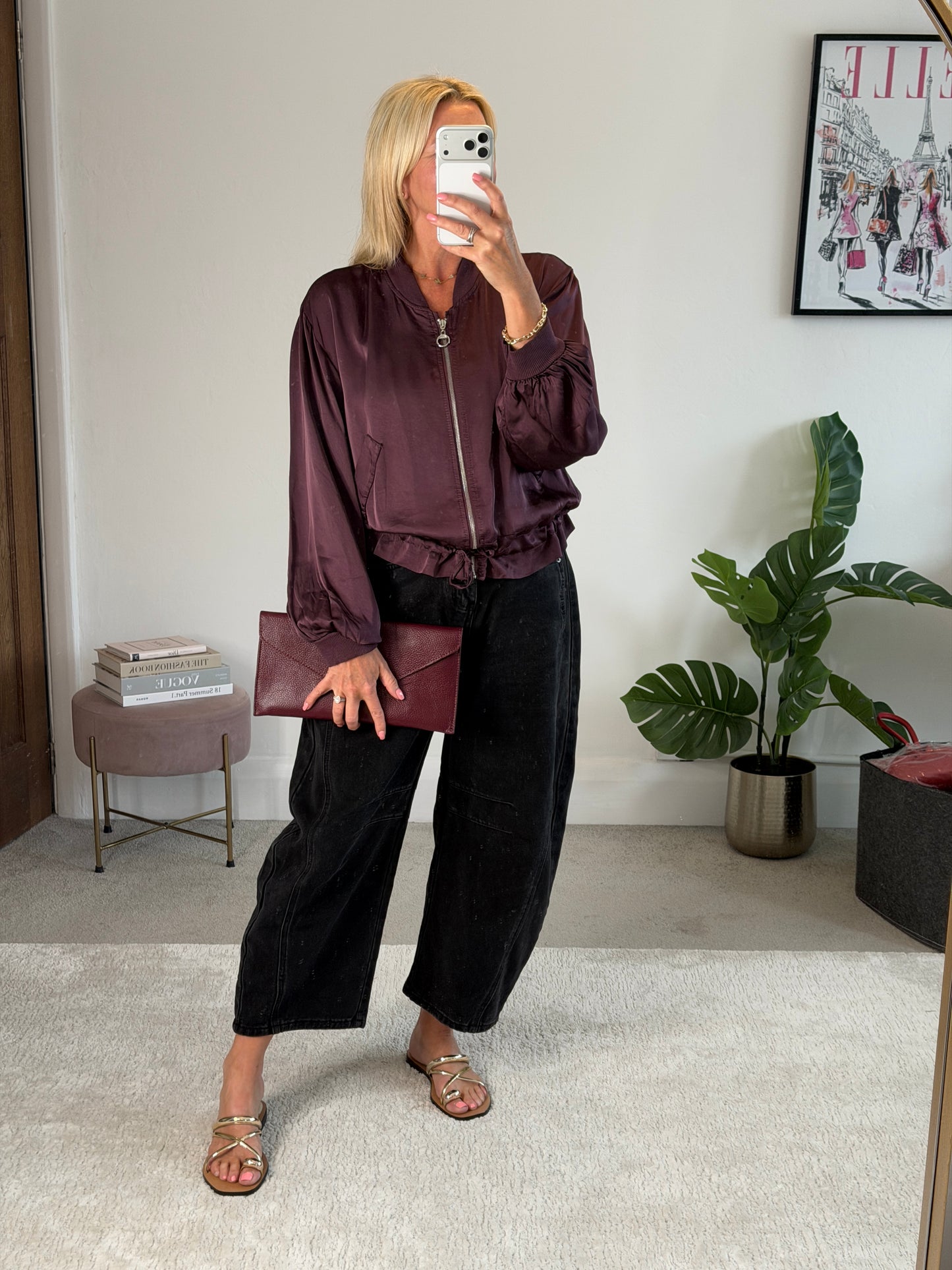 Plum Satin Drawstring Bomber Jacket
