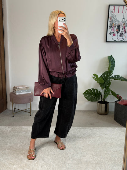 Plum Satin Drawstring Bomber Jacket