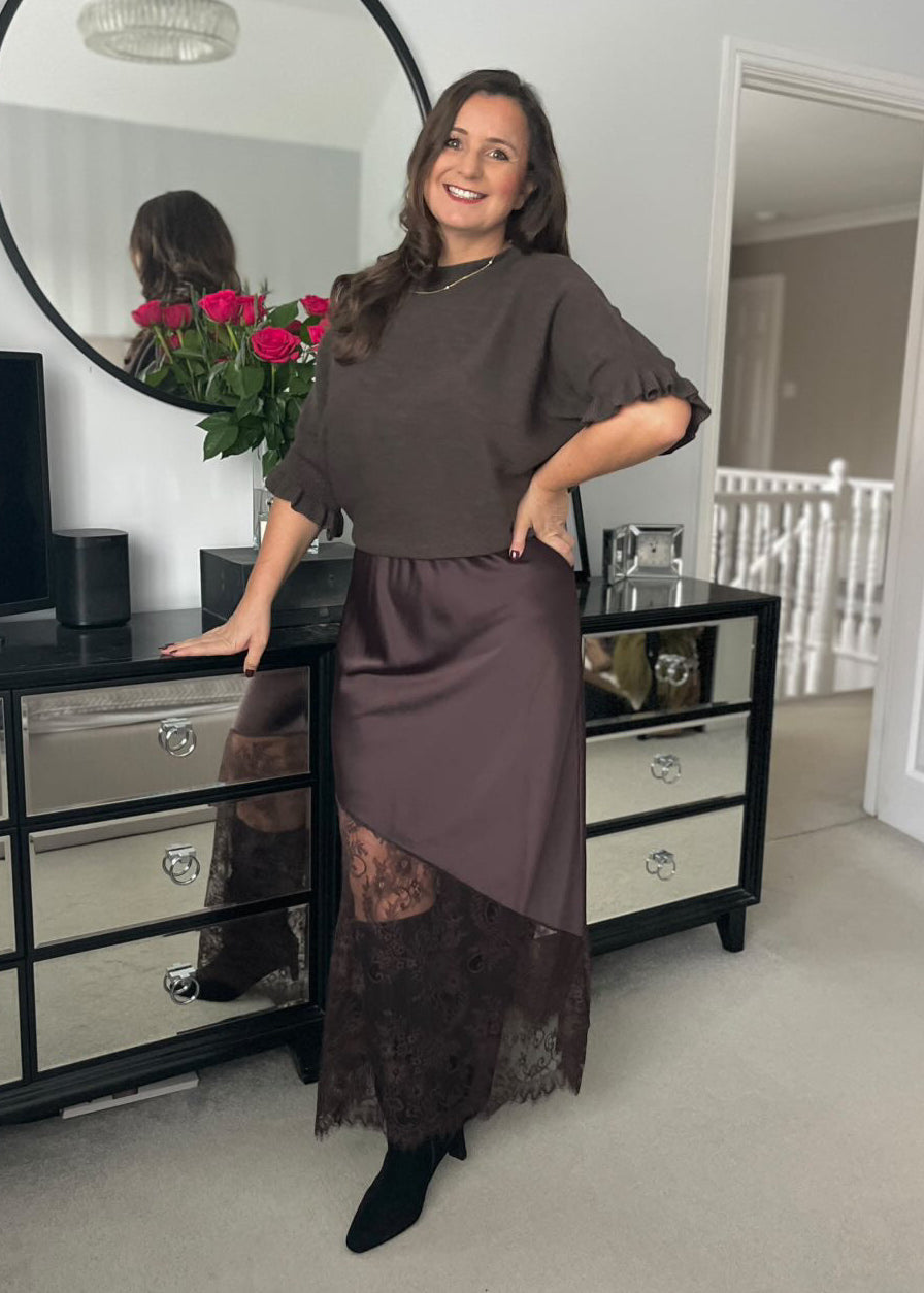 Chocolate Satin Asymmetric Lace Detail Maxi Slip Skirt