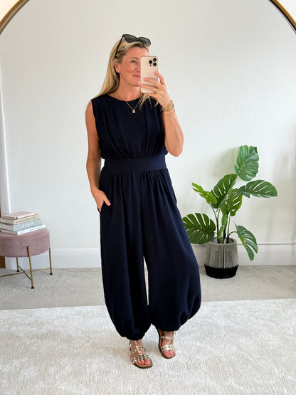 Navy Elasticated Sleeveless Harem Jumpsuit