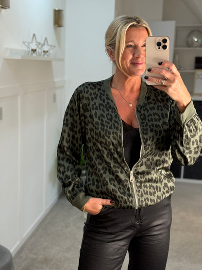 Khaki Leopard Silk Mix Bomber Jacket