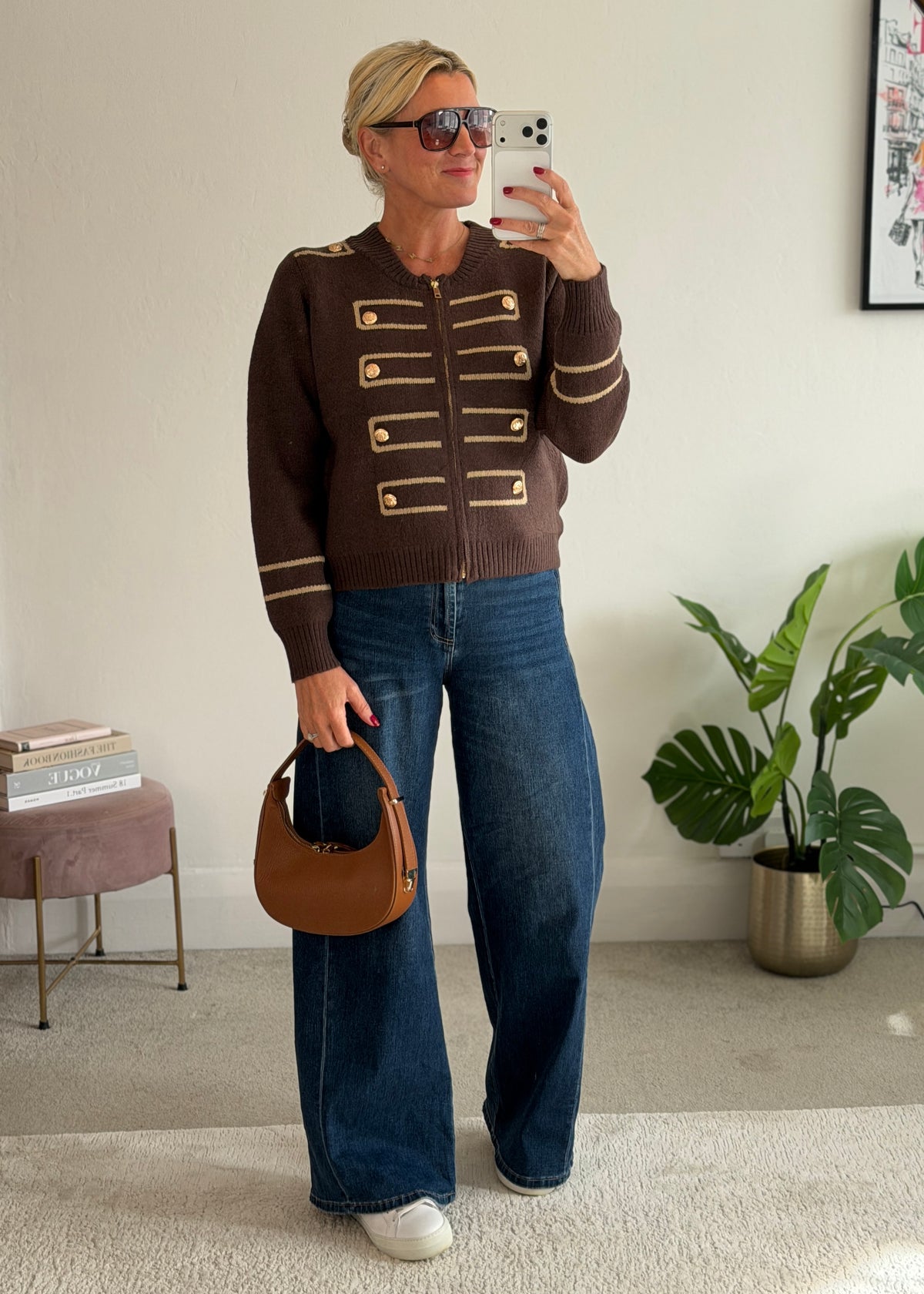 Chocolate Military Zip Front Knitted Cardi