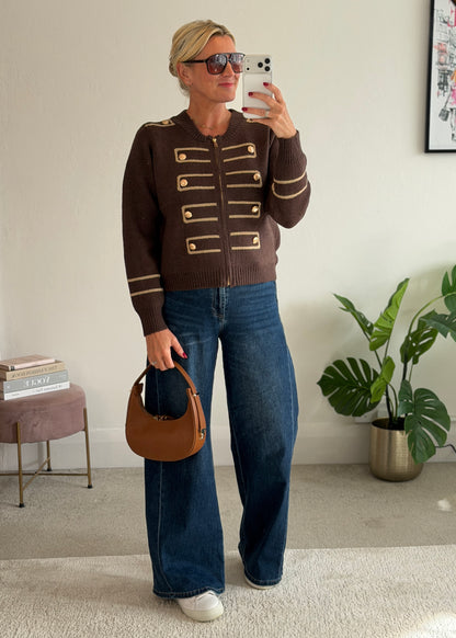 Chocolate Military Zip Front Knitted Cardi