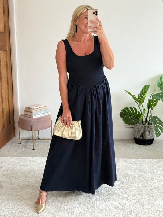 Navy V Waist Pocket Maxi Dress