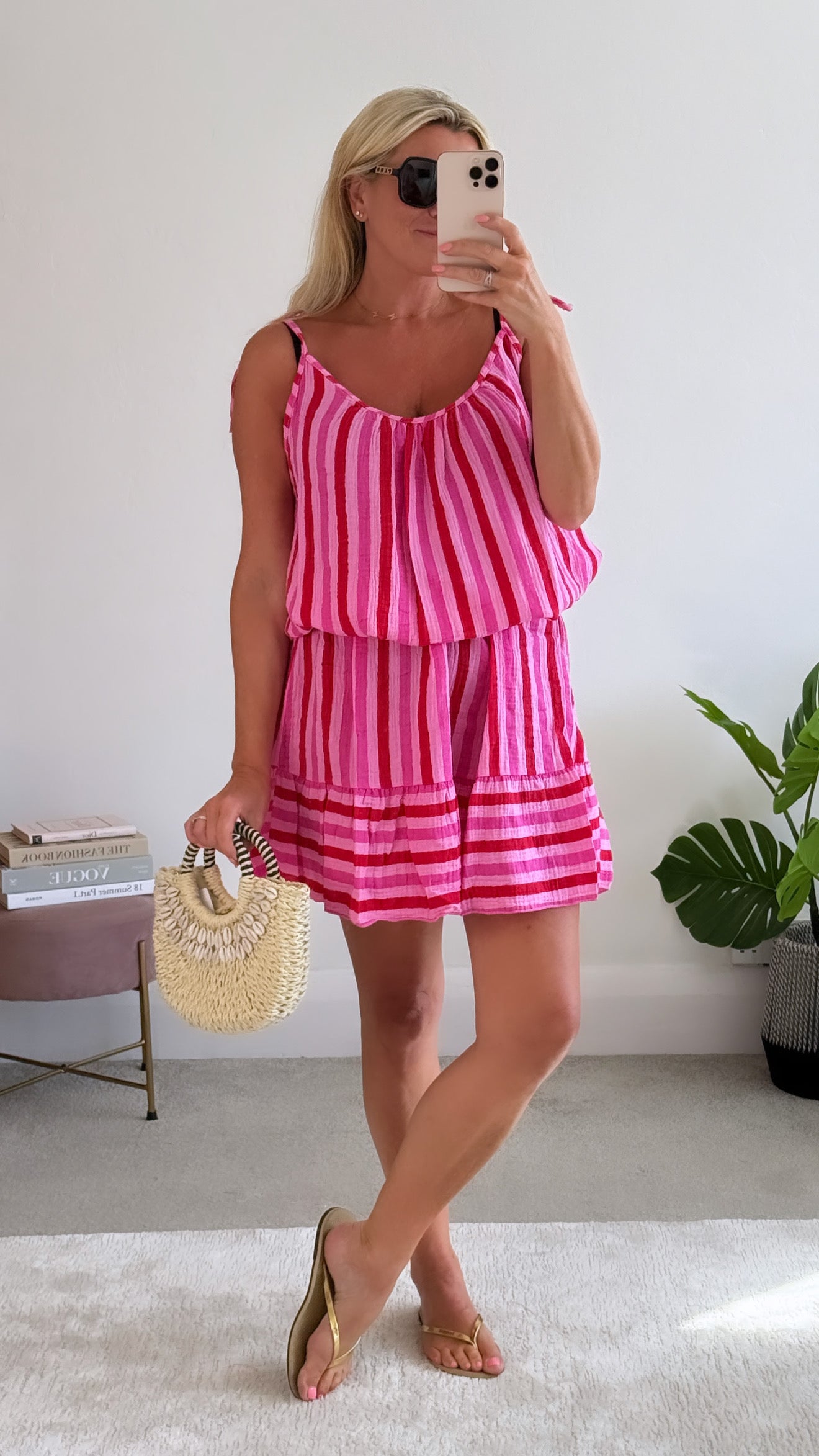 Red/Pink Cheesecloth Stripe Tie Shoulder Dress