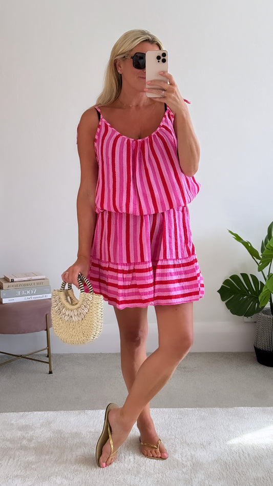 Red/Pink Cheesecloth Stripe Tie Shoulder Dress