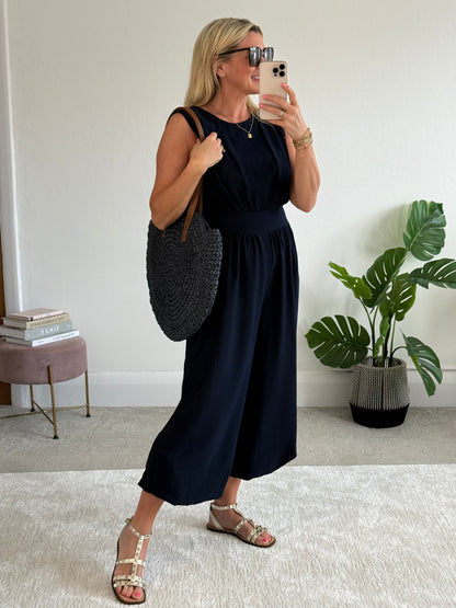 Navy Elasticated Sleeveless Harem Jumpsuit