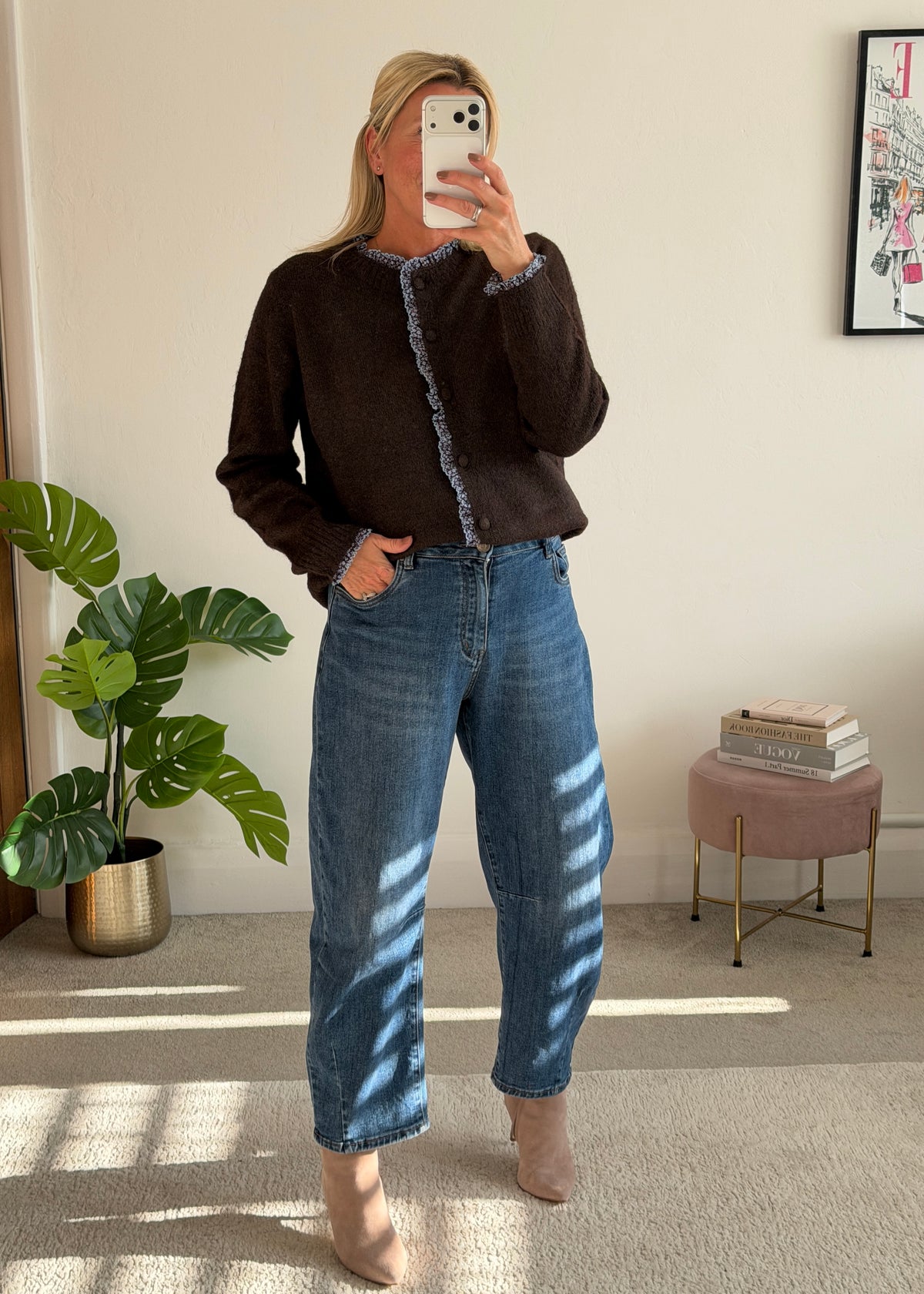Chocolate/Blue Floral Frill Trim Cardigan