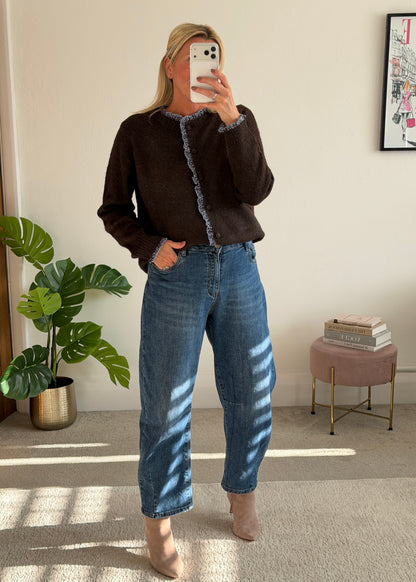 Chocolate/Blue Floral Frill Trim Cardigan