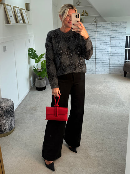 Grey Sequin Argyle Diamond Knit Jumper