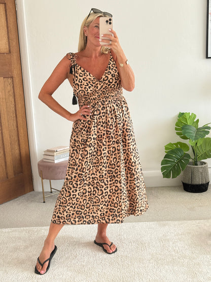 Leopard Tassel Tie Shoulder Midi Dress