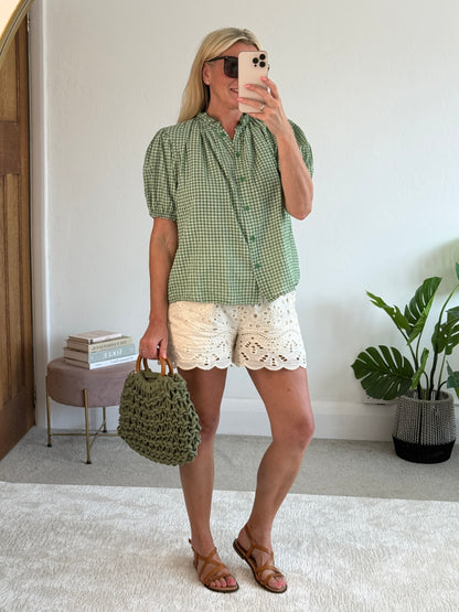 Khaki Gingham Frill Sleeve Blouse