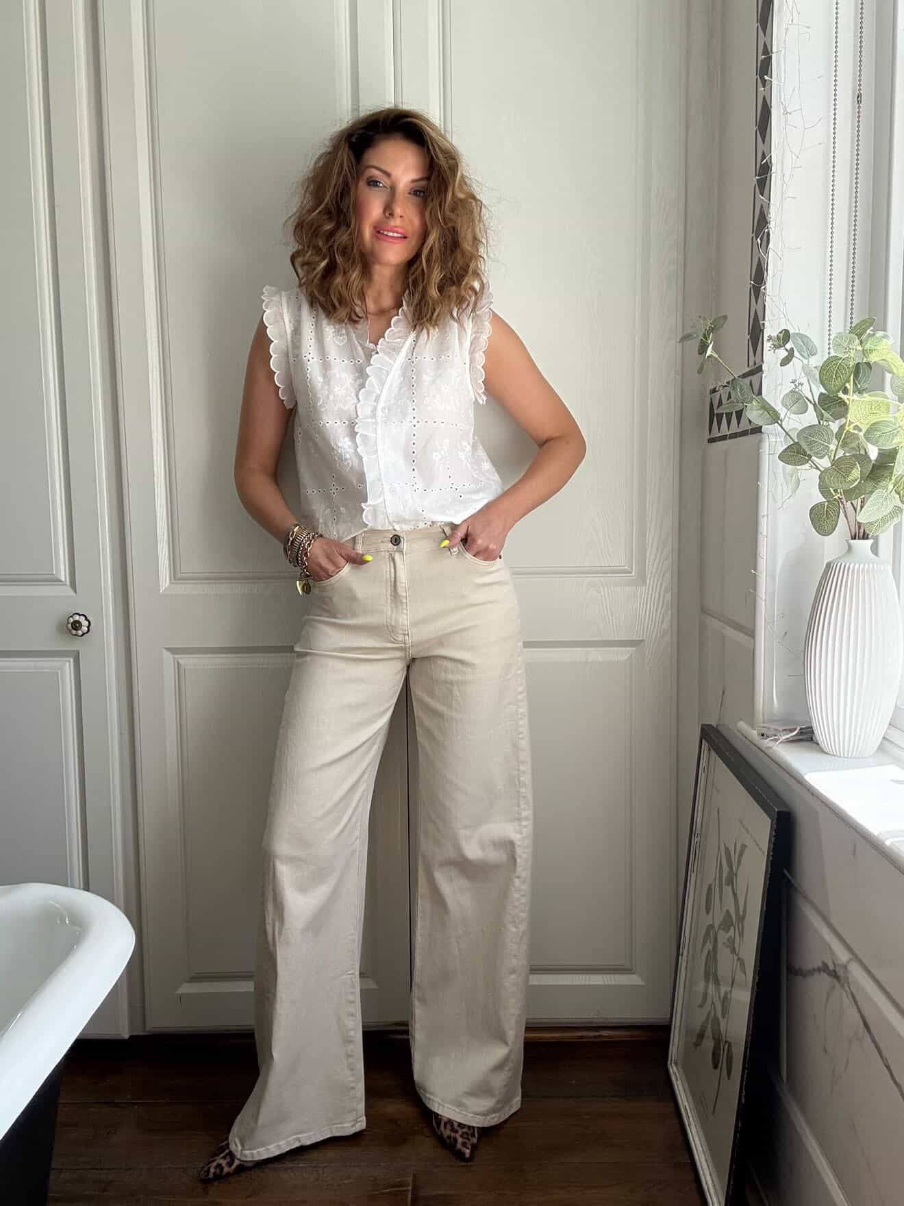 Beige Wide Panel Leg Jeans