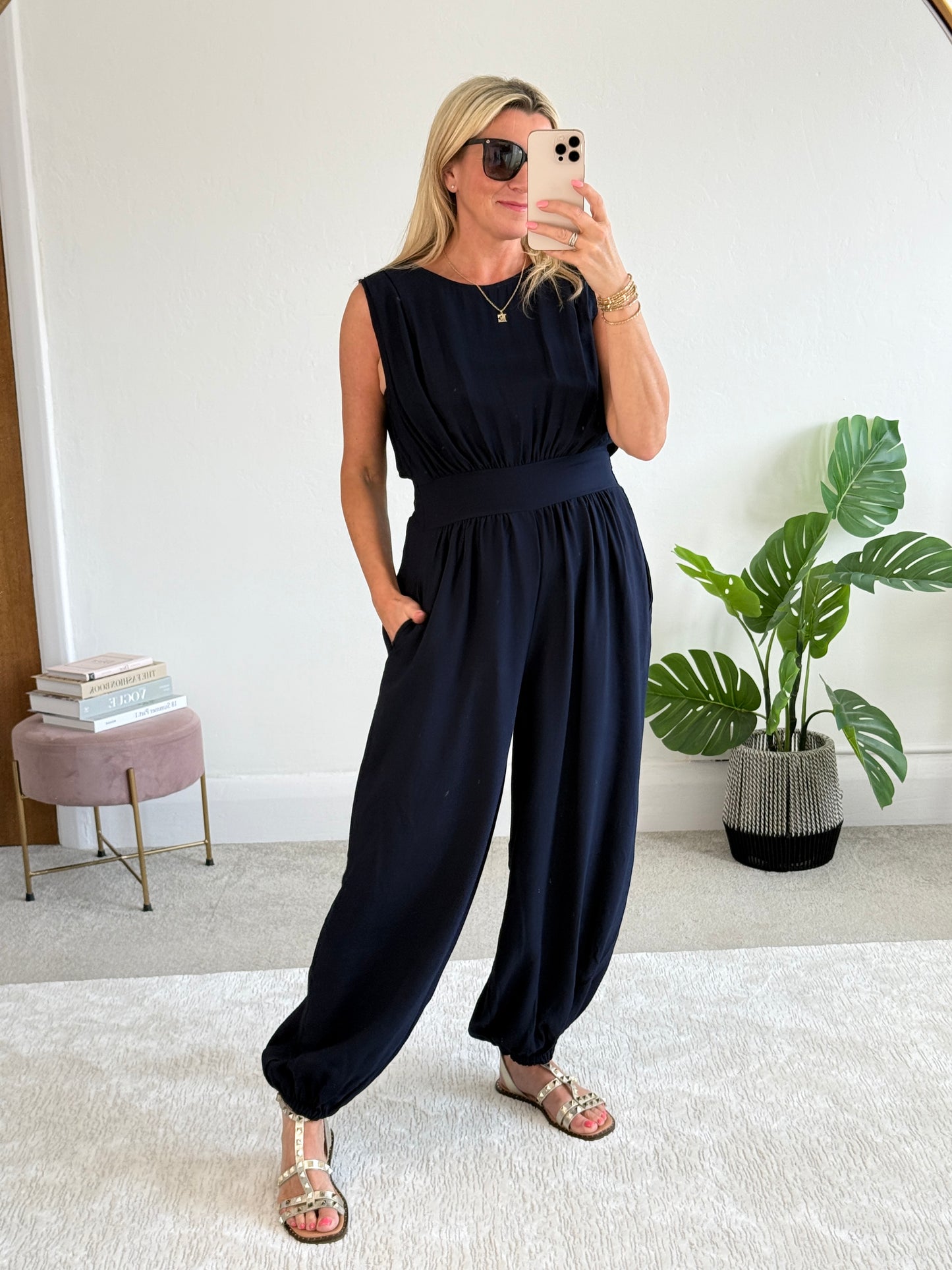 Navy Elasticated Sleeveless Harem Jumpsuit