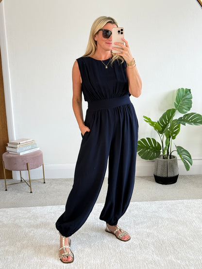 Navy Elasticated Sleeveless Harem Jumpsuit