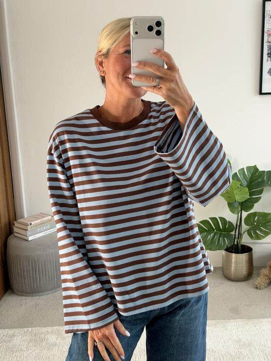 Chocolate/Blue Stripe Relaxed T Shirt