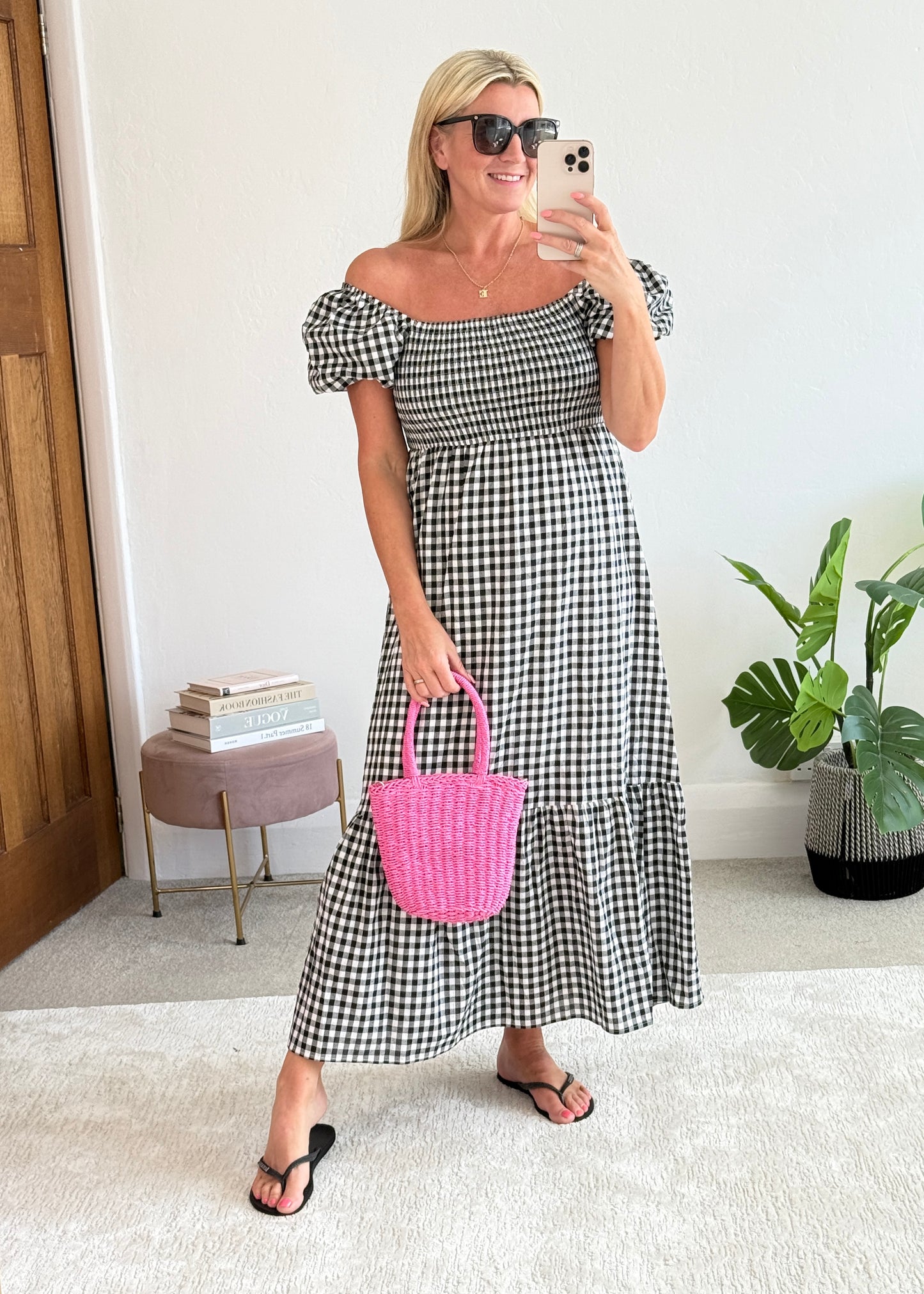 Black/White Gingham Bardot Maxi Dress