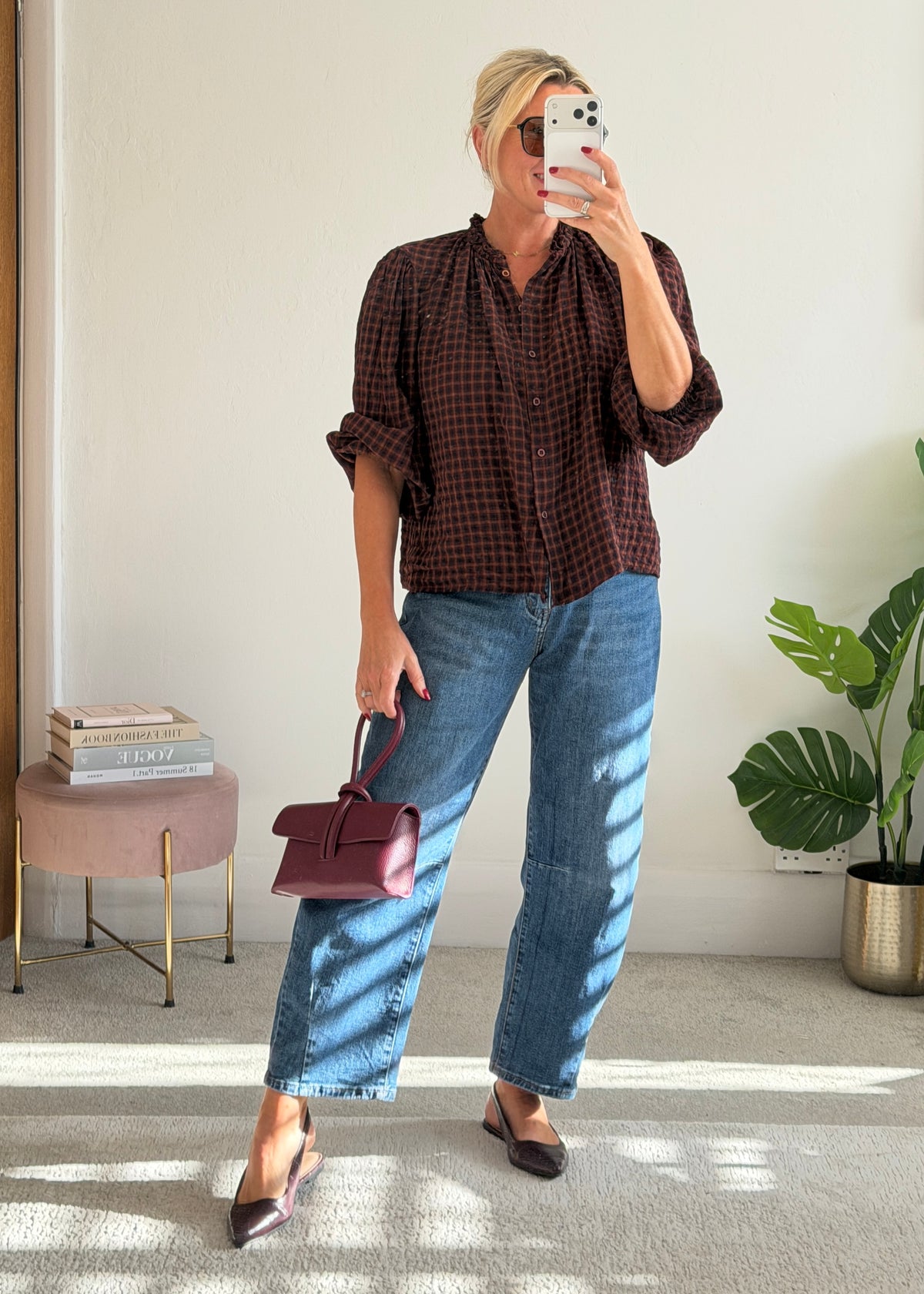 Burgundy Heritage Check Frill Collar Blouse