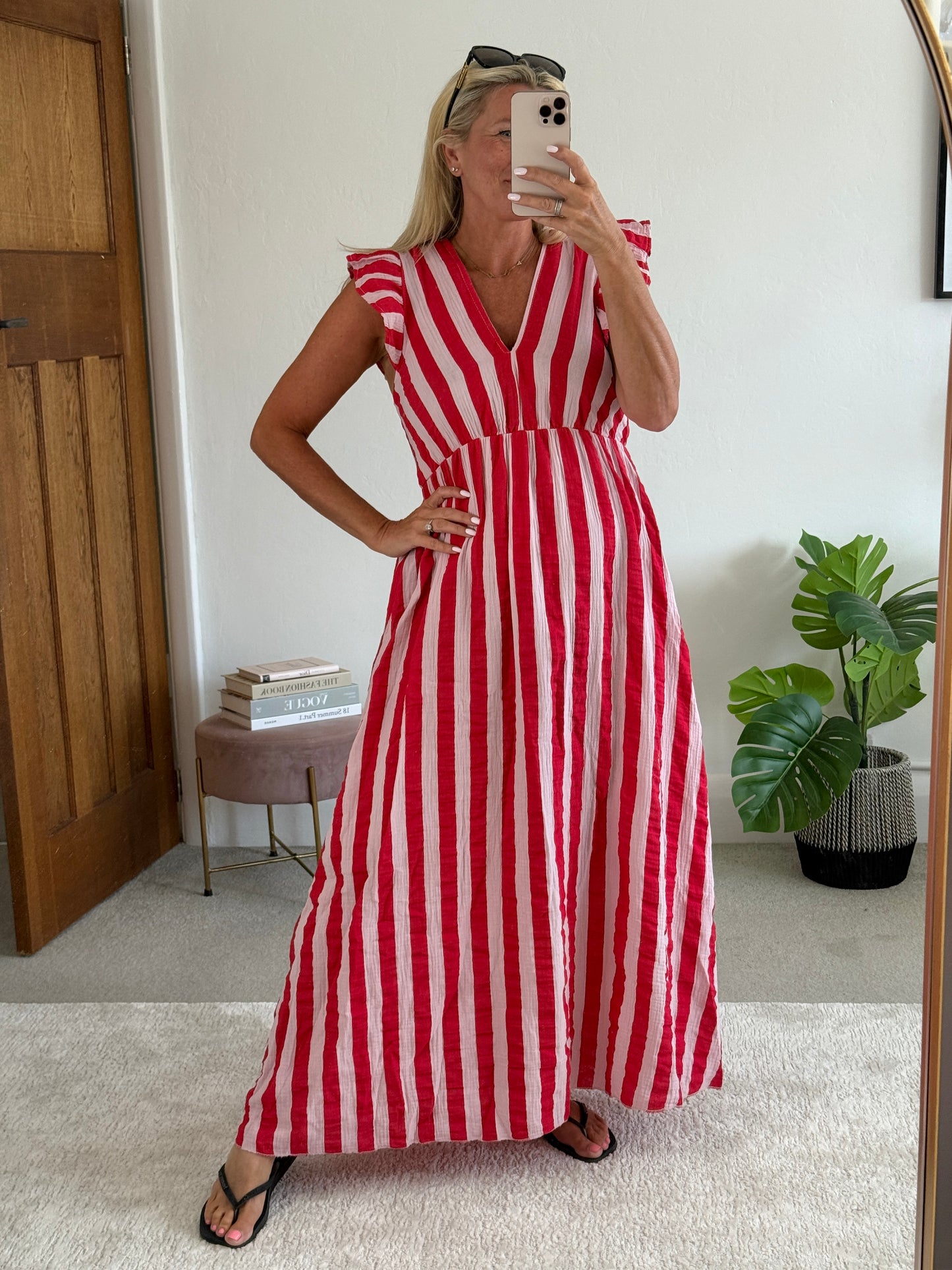 Pink/Red Stripe Cheesecloth Frill Sleeve Maxi Dress