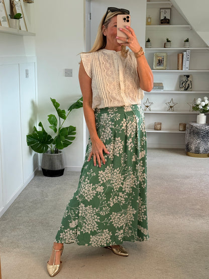 Sage/Oatmeal Botanical Floral Midi Skirt