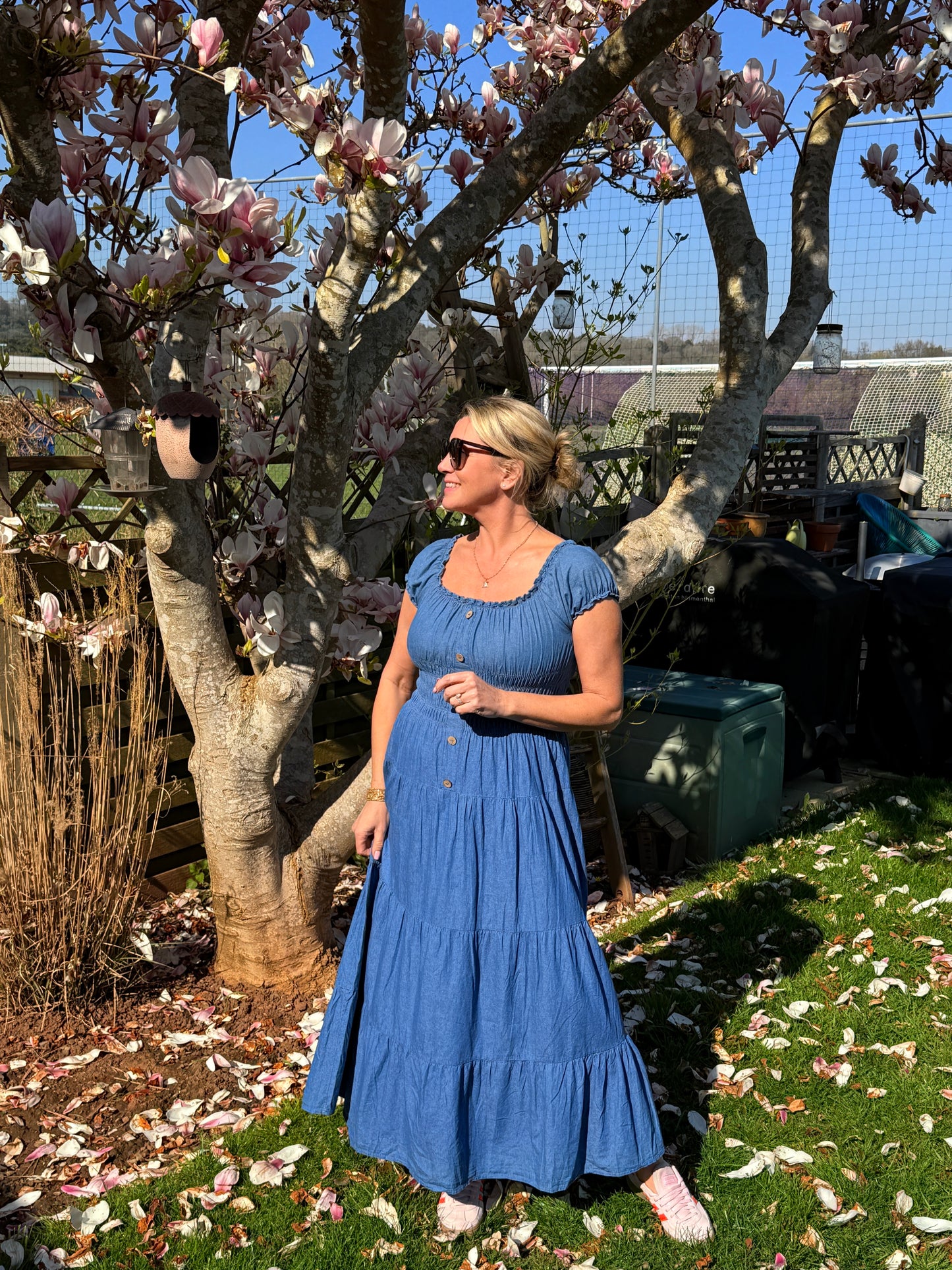 Blue Denim Bardot Tiered Maxi Dress