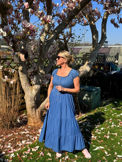 Blue Denim Bardot Tiered Maxi Dress