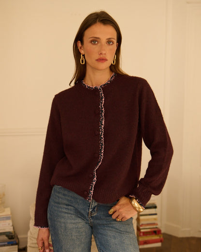 Plum/Pink Floral Frill Trim Cardigan