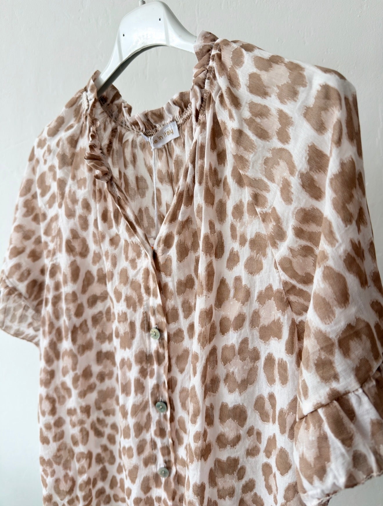 Beige Leopard Frill Sleeve Blouse