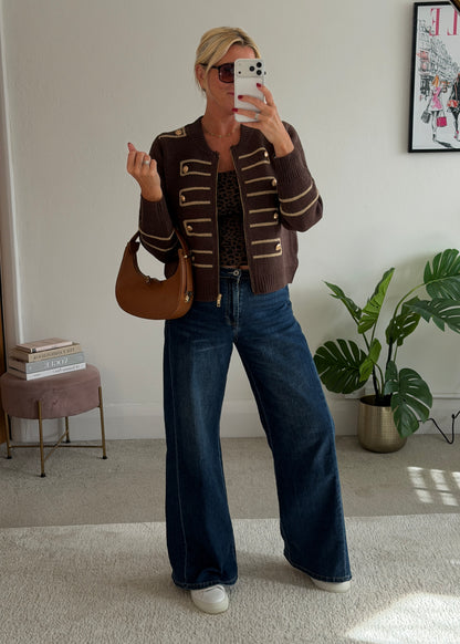 Chocolate Military Zip Front Knitted Cardi
