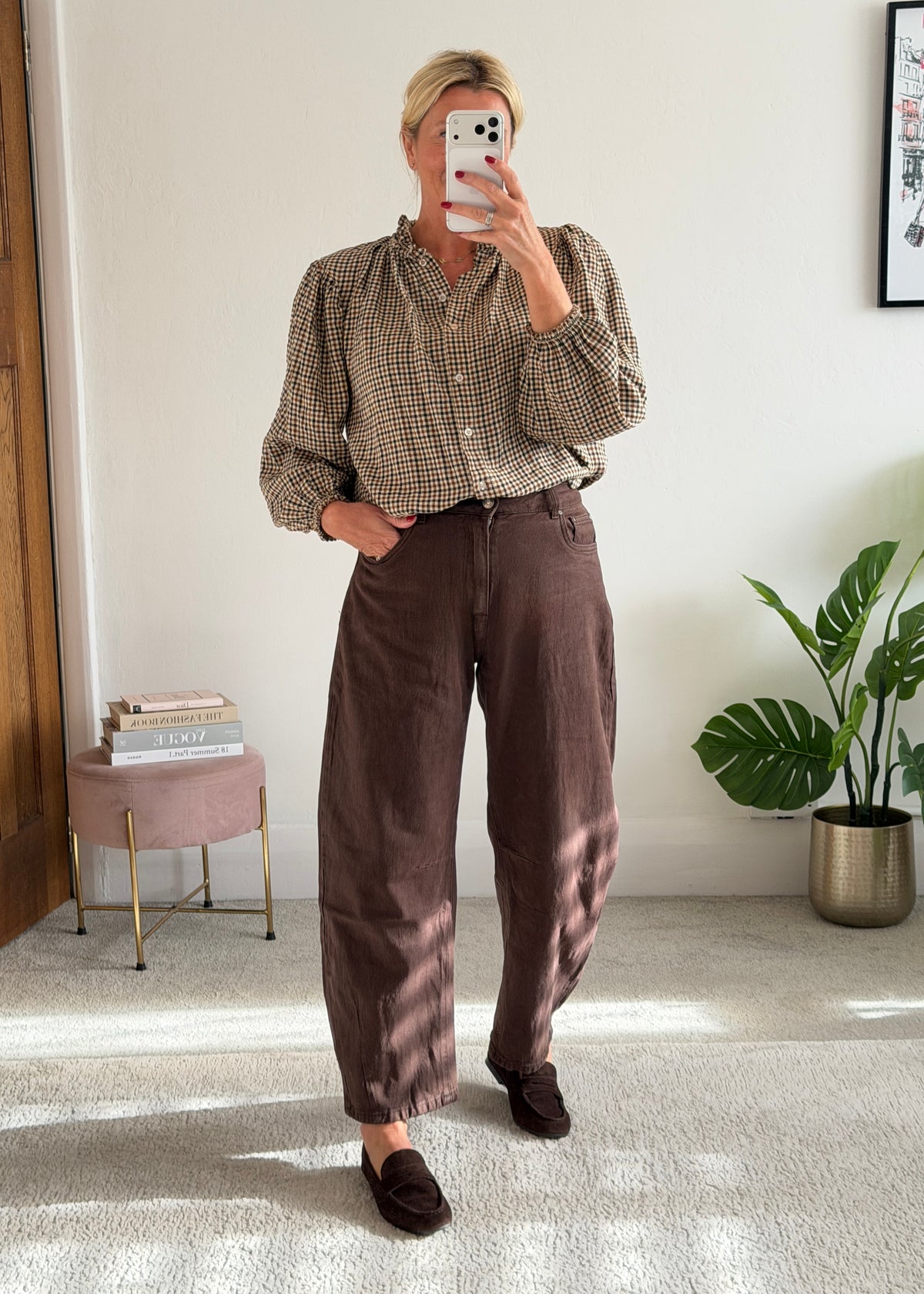 Cream Heritage Check Frill Collar Blouse