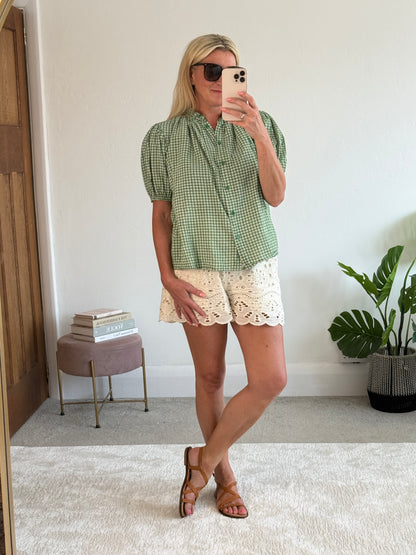 Khaki Gingham Frill Sleeve Blouse
