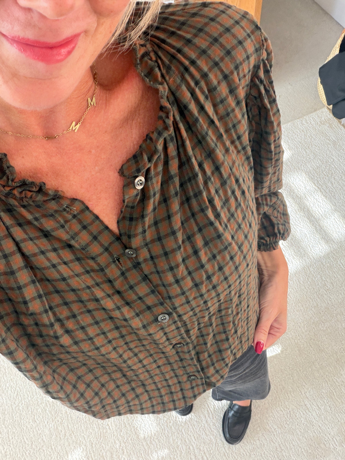 Khaki Heritage Check Frill Collar Blouse