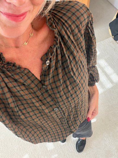 Khaki Heritage Check Frill Collar Blouse
