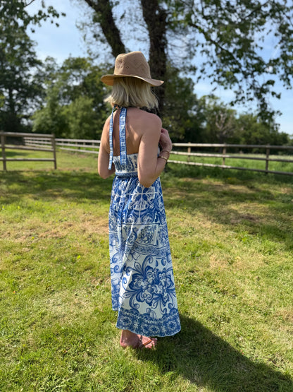 Blue Baroque Tie Strap Dress
