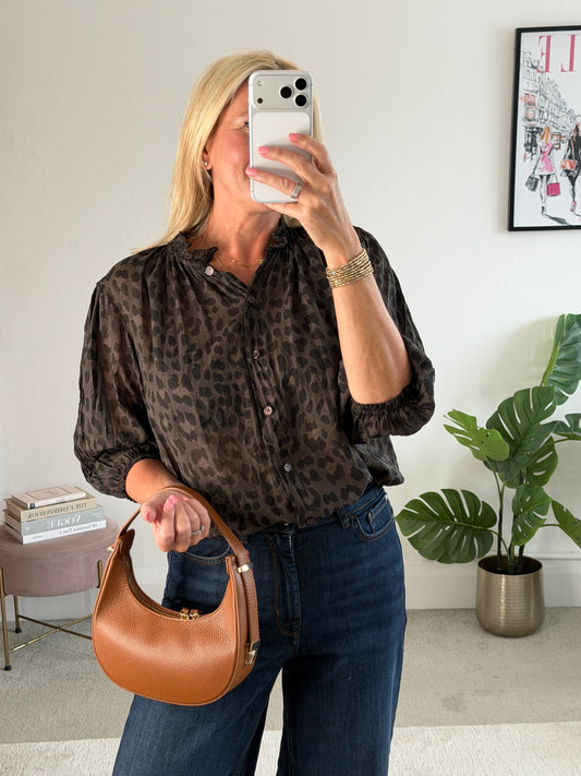 Chocolate Leopard 3/4 Puff Sleeve Blouse