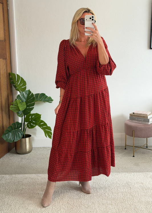 Red Heritage Check V-Neck Tiered Dress